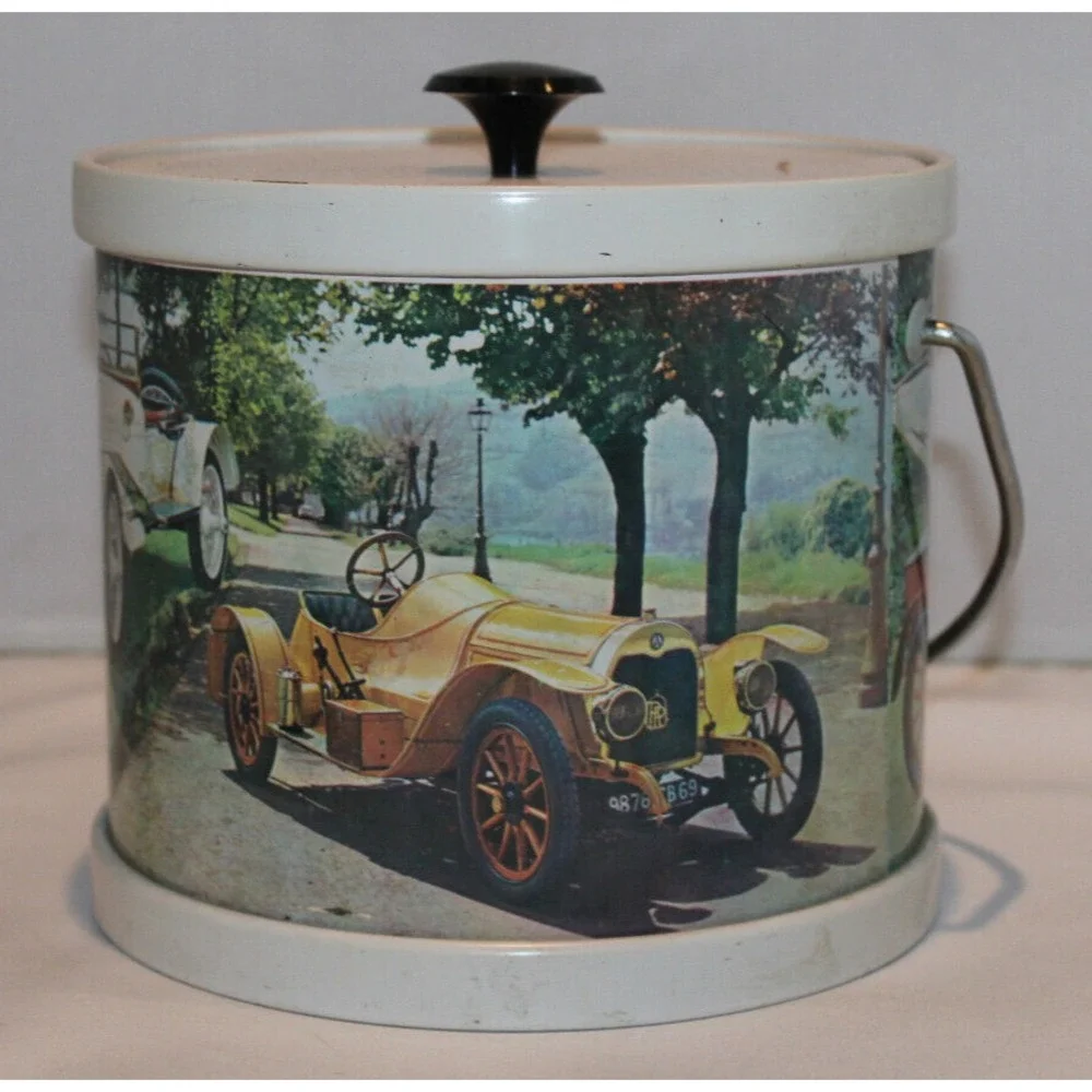 vintage metal ice bucket with plastic insert & handle old time cars Hong Kong